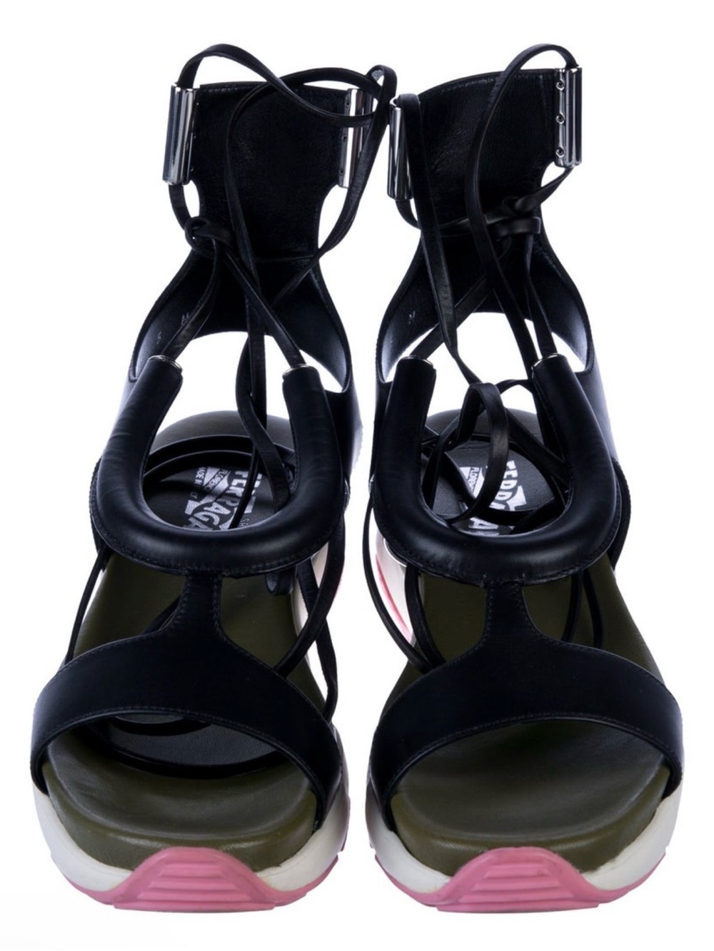 Salvatore Ferragamo Black Lace-Up Sandals with Olive Footbed